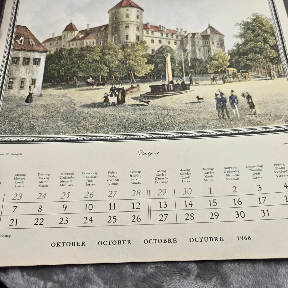 Vintage 1968 A Universe Calendar German Cities Illustrations Hamburg Würzburg